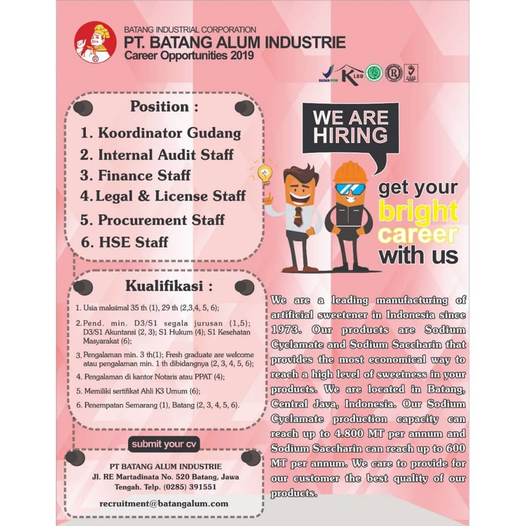 Job Vacancy : PT. Batang Alum Industrie